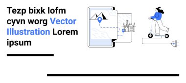 Seyahat pimi işaretli dijital harita, elektrikli scooter kullanan kişinin yanında. Navigasyon, seyahat, teknoloji, kentsel hareketlilik, turizm, keşif, basit iniş sayfası için ideal