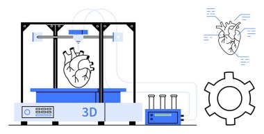 3D yazıcı, teknolojik ve anatomik diyagramları olan bir kalp modeli üretiyor. Tıbbi teknoloji, yenilik, araştırma, sağlık, biyoteknoloji, eğitim, basit iniş sayfası için ideal