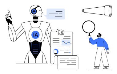 Yapay zeka robotunun elinde grafikler ve çizelgeler, büyüteç ve teleskopla inceleme yapan biri var. Teknoloji, yenilik, analitik, yapay zeka araçları, araştırma, eğitim için ideal basit iniş sayfası