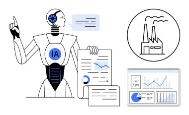 Robot verileri grafiklerle, konuşma baloncuklarıyla, ekranda analizlerle, fabrika simgesiyle paylaşıyor. Yapay zeka, teknoloji, endüstriyel otomasyon, veri analizi, gelecekteki teknoloji sektörü 4.0 basit iniş sayfası için ideal