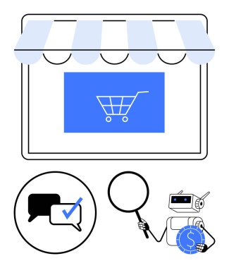 Alışveriş arabası, sohbet robotu mesajlaşması, arama için büyüteç ve robot ödemeleriyle dijital vites. Çevrimiçi alışveriş, e-ticaret, teknoloji, dijital pazarlama, müşteri desteği için ideal