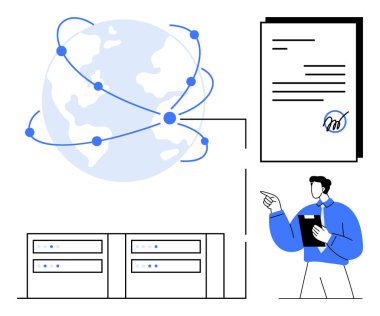 Bağlantı düğümleri, imzalı belgeler, bulut sunucuları ve profesyonel bir bekleme panosu olan Dünya. Küresel erişim, dijital süreçler, ağ oluşturma, dosya güvenliği, çevrimiçi yönetim bulutu için ideal