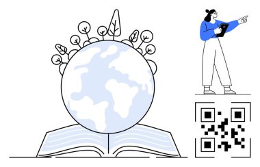 Dünya, ağaçlarla çevrili açık bir kitabın üzerinde, bir tarama kodu ve tablet tutan bir kadının yanında duruyor. Eğitim, çevre, sürdürülebilirlik, teknoloji, öğrenme, yenilik, basit