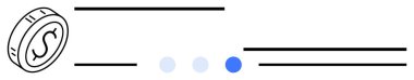 Dolar işaretli sikke, veriyi temsil eden yatay çizgiler ve ilerleme noktaları. Finans, dijital ekonomi, ödeme sistemleri, iş analitiği, yatırım, tasarruf sade iniş sayfası için ideal