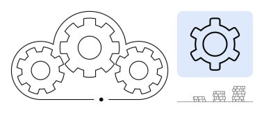 Bulut şeklinde dört birbirine bağlı dişli, mavi bir karede tek bir dişli ve istiflenmiş paralar. Teknoloji, otomasyon, bulut hesaplama, dijital dönüşüm, yenilik, sistem için ideal