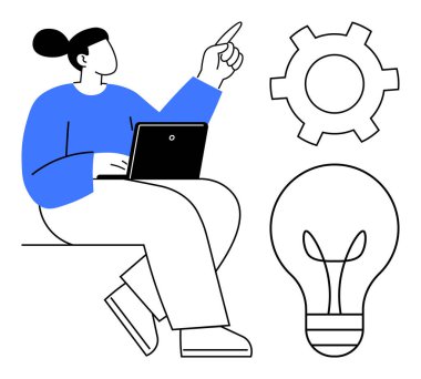 Diz üstü bilgisayarı yukarı bakan, geniş dişli ve ampul ikonlarıyla oturan kadın yaratıcılığı ve teknolojiyi vurguluyor. Yenilik, takım çalışması, problem çözme, eğitim, teknoloji ve girişimler için ideal