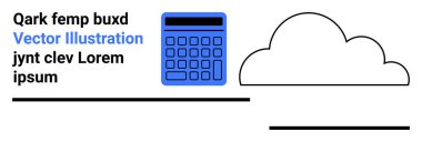 Bulut çizgisi ve metin elemanlarının yanında mavi tasarımı olan hesap makinesi. Finans, teknoloji, veri analizi, dijital depolama, ağ oluşturma, eğitim ve basit iniş sayfası için ideal