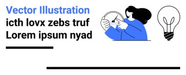 Direksiyon tutan kadın kontrolü sembolize ediyor. Fikir ve yeniliği temsil eden ampul. Yaratıcılık, problem çözme, liderlik, yenilik, eğitim, beyin fırtınası, basit