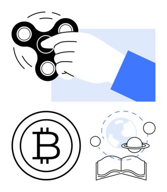 Kıvrımlı el hareketi, çemberde Bitcoin sembolü gezegensel ve yörüngesel desenli açık kitap. Teknoloji, finans, eğitim, farkındalık, kripto para birimi, yenilik için ideal