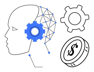 Yapay zekayı, otomasyonu ve ekonomik ilerlemeyi sembolize eden nöral ağı, teçhizatı ve dolar parası olan insan kafası profili. Teknoloji, yenilik, iş, finans otomasyon makinesi öğrenimi için ideal