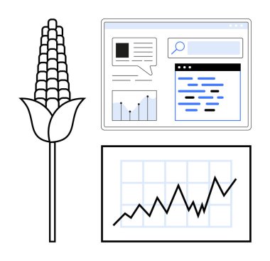 Mısır bitkisi çizimi, veri grafiği ve analitik araç ve grafiklerle web sayfası arayüzü. Tarım, tarım, analitik, araştırma, sürdürülebilirlik, teknoloji sade iniş sayfası için ideal