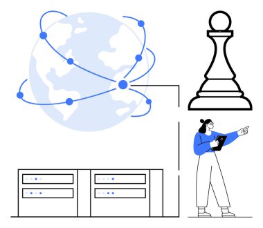 Birbirine bağlı düğümlü dünya, büyük satranç taşı, sunucu rafları ve tablet tutan kişi. Küreselleşme, ağ stratejisi, teknoloji yönetimi, veri entegrasyonu, karar verme mekanizması için ideal
