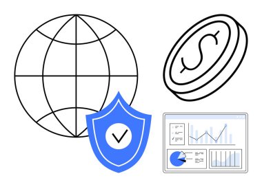 Küre ızgarası, işaretli kalkan, madeni para simgesi ve analitik gösterge paneli küresel finans, veri güvenliği, finansal büyüme ve güvenli işlemleri temsil ediyor. Fintech ve güvenlik istatistik ekonomisi için ideal