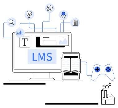 Masaüstü ve mobil öğrenme sistemi simgelere bağlı. Arama, ampul, dişli, sertifika, kitap, analitik ve oyun denetleyicisi. E- öğrenme ve çevrimiçi kurslar için ideal