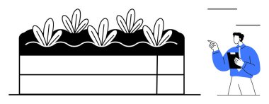 Agronomist elinde pano var. Yükseltilmiş yataklardaki bitkilerle dikey tarım sistemini inceliyor. Tarım, sürdürülebilirlik, yenilik, tarım, tarım, gıda üretimi ve araştırma için ideal. Düz