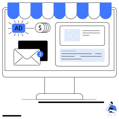 Bilgisayar ekranında pazarlama unsurları gösterilmesi e-posta bildirimleri, reklamlar, para birimi ve analitiği onaylar. E-ticaret, e-posta pazarlama, reklam, analitik, dijital strateji için ideal