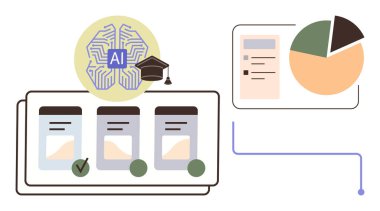 Sinirsel ağ yapay zeka grafiği, bar grafikleri, pasta grafikleri ve görev simgeleri veri işleme ve karar verme akışını simgeler. Teknoloji, iş akışı, yapay zeka eğitimi, analitik, otomasyon büyük veriler için ideal