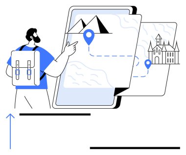 Sırt çantalı bir adam dijital haritadaki yerleri gösteriyor. Dağlar, yollar ve bir şato var. Seyahat planlama, seyrüsefer, turizm, keşif, güzergah oluşturma, uygulamalar için ideal