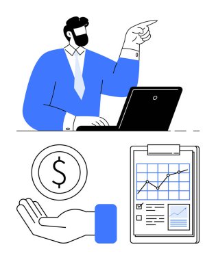 Dizüstü bilgisayardaki profesyonel analiz verileri, yatırımı sembolize eden para birimleri ve finansal büyümeyi gösteren pano. Finans, iş stratejisi, yatırım, analitik, yönetim için ideal