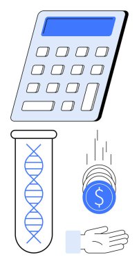 Hesap makinesi, test tüpündeki DNA ipliği, para elinize geçiyor. Biyoteknoloji, finans, yatırım, araştırma fonu, yenilik, laboratuvar analizi için ideal basit iniş sayfası