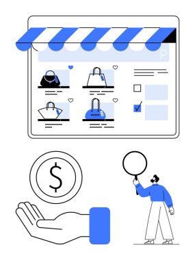 Ürün şebekesi olan dijital mağaza önü, alışveriş poşeti simgeleri, bir elde fiyat sembolü ve tabela tutan bir müşteri. E-ticaret, iş büyümesi, pazarlama, perakende satış, ödeme satış hunisi için ideal