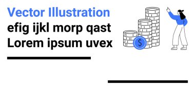 Yığılmış paraları işaret eden kadın kârı, geliri veya tasarrufu simgeliyor. İş, finans, pazarlama, yatırım, bankacılık, ekonomi ve basit iniş sayfası için ideal