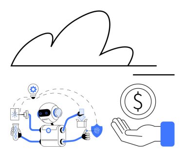 Robot çoklu silah, bulut sembolü ve finansal işlem elemanları ile görevleri yönetiyor. Otomasyon için ideal, Al, fintech, yenilik, bulut teknolojisi, verimlilik basit iniş sayfası