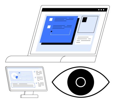 İzleme ve analizi temsil eden bir göz simgesi ile birlikte kullanıcı arayüzü içeriğini görüntüle ve izle. Teknoloji, UI tasarımı, iletişim, web araçları, dijital güvenlik, erişilebilirlik için ideal