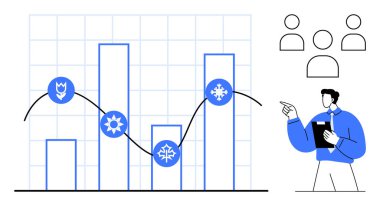 Mevsimsel simgelerle bar tablosu, yukarı doğru eğilim çizgisi ve verileri açıklayan sunucu. Analiz, iş büyümesi, pazar eğilimleri, iklim verileri, takım sunumları, eğitim sade metaforu için ideal