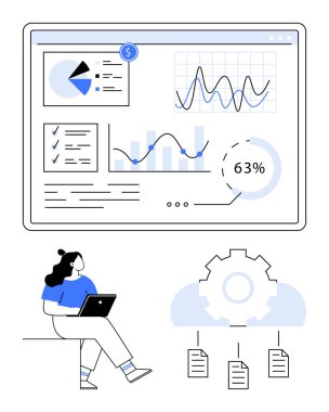Çizelgeler, grafikler, veri yüzdeleri, dizüstü bilgisayarda çalışan kişi, vites sembolü ve dosya entegrasyonlarıyla etkileşimli gösterge paneli. Veri analizi, iş akışı, üretkenlik otomasyonu için ideal