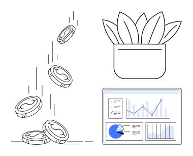 Bozuk paraların düşmesi, bitkilerin büyümeyi sembolize etmesi, çizelgeler ve grafiklerle analitik gösterge paneli. Finans, yatırım, istatistik, iş geliştirme, ekonomik büyüme, tasarruf sade iniş sayfası için ideal