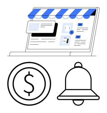 Ürün, indirim simgeleri ve dolar para sembolü ve aşağıdaki uyarı çanı simgesi ile çevrimiçi mağaza arayüzünü gösteren dizüstü bilgisayar ekranı. E-ticaret, pazarlama, iş, perakende için ideal