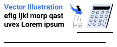 Kadın ayakta duruyor, hesap makinesinin yanında mesajı işaret ediyor. Eğitim, finans, analiz, öğrenme kaynakları, iş araçları, akademik kavramlar için idealdir basit iniş sayfası