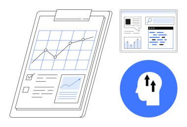 Bir panoda yükselen eğilimler, web analiz arayüzü ve baş simgesi üzerinde yukarı doğru ok olan grafikler. Planlama, analitik, strateji, performans, başarı, büyüme ve basit bir iniş sayfası için ideal