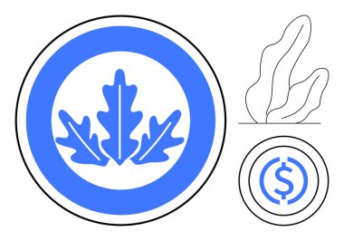 Dairesel bir rozette mavi meşe yaprağı, minimum para birimi grafiği ve soyut bitki çizgisi. Finans, sürdürülebilirlik, eko-ticaret, doğa markalaşması, yatırımlar, eko-etiketli basit iniş sayfası için ideal