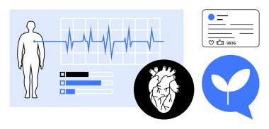 İnsan figürlü EKG grafiği, kalp diyagramı, veri ölçüm çubukları, sosyal medya bağlanma detayları ve büyüme yaprağı simgesi. Sağlık, sağlık, analitik, sosyal katılım büyümesi için ideal