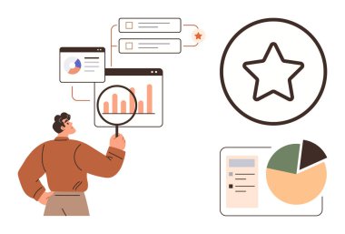 Büyüteç, yıldız derecesi, pasta tablosu ve veri pencereleriyle çubuk tablosunu analiz eden kişi. Analiz, performans değerlendirmesi, veri odaklı kararlar, değerlendirme, geri bildirim verimliliği için ideal basit