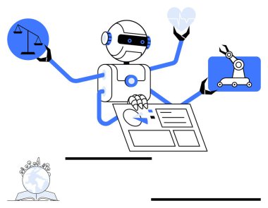 Birden fazla kolu olan robot adalet terazisi, kalp, robot kol ve açık bir kitap ve dünya üzerinde doküman taşıyor. Teknoloji, yapay zeka, robot bilimi, yenilik, verimlilik sağlık hizmetleri için ideal