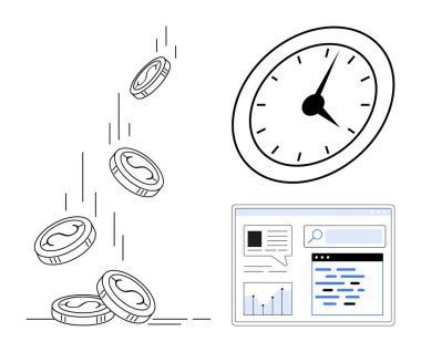 Düşen paralar, zamanı sembolize eden bir saat ve üretkenliği gösteren bir veri arayüzü. Zaman yönetimi, finans, verimlilik, analitik, tasarruf, iş akışı basit iniş sayfası için ideal