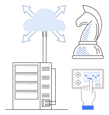 Oklu bulut, sunucu, satranç şövalyesi, el ayarlama arayüz ayarları. Teknoloji, strateji, yenilik, kontrol planlama bağlantıları için ideal bir karar verme mekanizması. Düz basit metafor