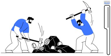 Kayalardan kripto para çıkarmak için kazma ve çekiç kullanan iki kişi. Engelleme zinciri, kripto para birimi, takım çalışması, finans, teknoloji, iş gücü, basit iniş sayfası için ideal