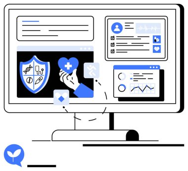 Masaüstü monitöründe tıbbi kalkan, analitik çizelgeler, profil ve sağlık araçları görülüyor. Sağlık hizmetleri, veri yönetimi, teknoloji, sigorta, tanılama için ideal basit teletıp