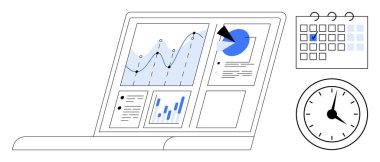 Analitik çizelgeleri, grafikleri ve veri içgörülerini gösteren dizüstü bilgisayar. Yanında bir takvim ve bir saat var. İş planlaması, verimlilik, veri takibi, zamanlaması, son teslim tarihi yönetim büyümesi için ideal