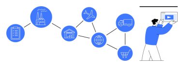 Fabrika, uçak, kamyon, depo, dünya, alışveriş arabası simgeleriyle dolu akış şeması dijital arayüzle etkileşime geçen bir insanın yanında. Lojistik, teknoloji ve e-ticaret için ideal.
