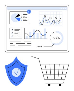 Çizelge, liste, grafik, yüzdelik alışveriş arabası ve kalkanla analitik gösterge paneli. Veri analizi, e-ticaret, güvenlik, çevrimiçi alışveriş, iş görüşleri fintech basit iniş için ideal