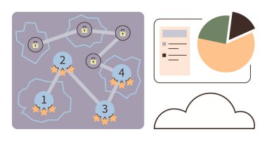 Güvenlik kilitleri, sıralama yıldızları ve turta haritası ve bulutlu ağ haritası. Siber güvenlik, analitik, veri akışı, bulut stratejisi, bilişim altyapısı ve basit iniş sayfalarının denetlenmesi için ideal
