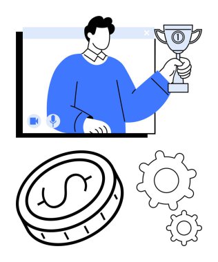 Videoda ödülü elinde tutan kişi, maddi başarıyı simgeleyen dolar parası, verimliliği simgeleyen vites simgeleri. Başarı için ideal, çevrimiçi tanınma, iş büyümesi, takım çalışması, strateji