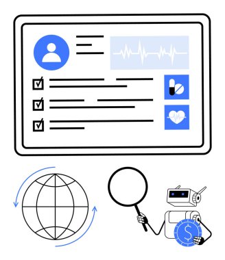 Hasta kaydı olan tablet, sağlık ölçüm simgeleri, büyüteçli robot, veri analizini vurgulayan dünya. Sağlık hizmetleri, yapay zeka yeniliği, teletıp, küresel bağlantı, veri güvenliği için ideal