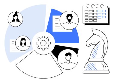 Takım avatarları, takvim, belgeler ve satranç şövalyeleriyle birlikte içerideki grafikler. Takım çalışması, strateji, proje yönetimi, planlama, organizasyon iş heyeti için ideal sade metafor