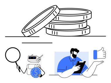 Yığınlanmış madeni paralar katmanlar oluşturur, büyüteçli robotik kol ve ödeme ikonu, tabletteki verileri inceleyen adam, onay sembolü. Finans, yapay zeka, analiz, güven, yatırım ekip çalışması için ideal